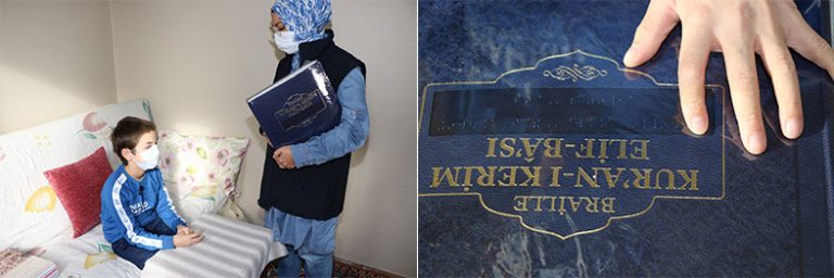 Görme engelli Ziya’ya Braille alfabeli Elif-Ba hediye edildi