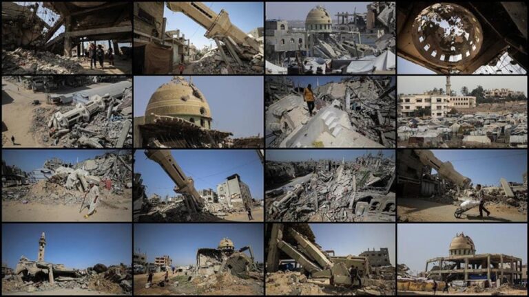 Katil İsrail, iki yıldır saldırılarını sürdürdüğü Gazze Şeridi’nde kentin tarihi ve kültürel dokusuna rengini veren çok sayıda tarihi camiyi ve eseri yok etti…